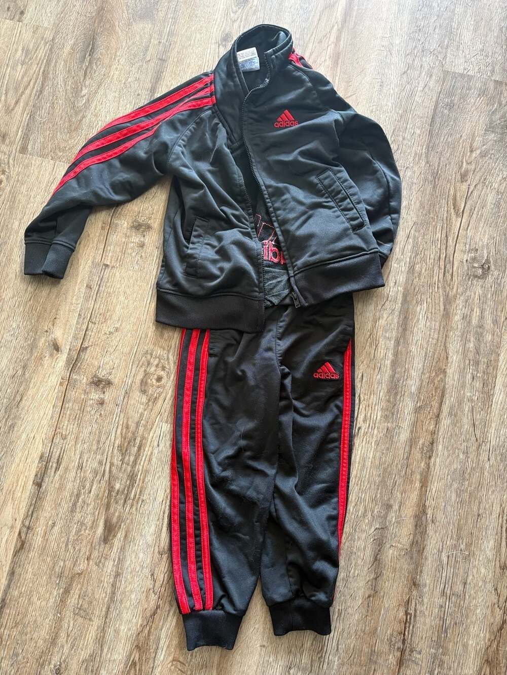 Adidas Toddler Boys Black and Red Tricot Tracksuit Set, Size 3T